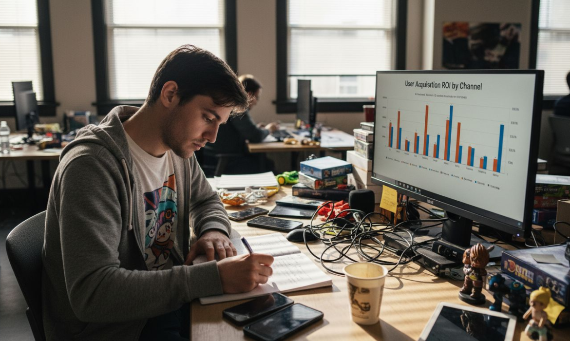 Game marketer at cluttered desk reviewing campaign results