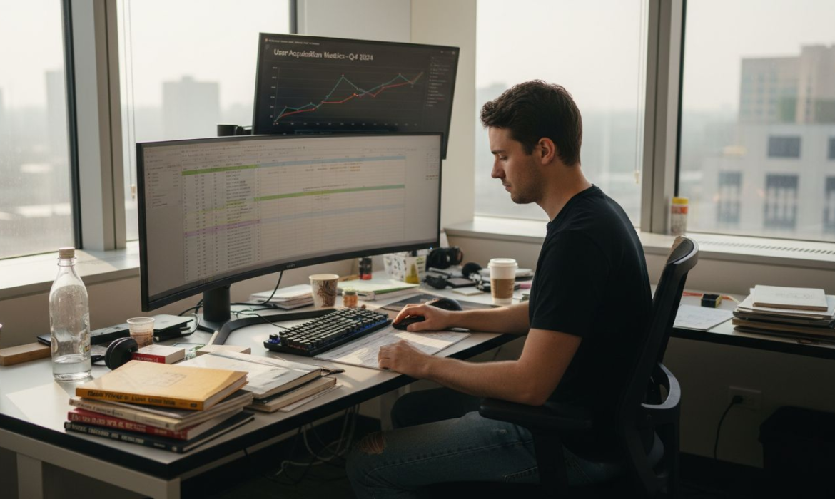 Game developer analyzing user acquisition metrics