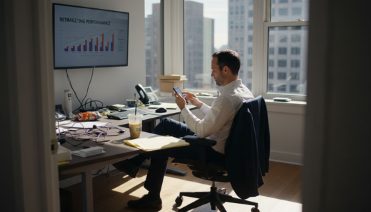 Mobile marketing manager at cluttered workstation