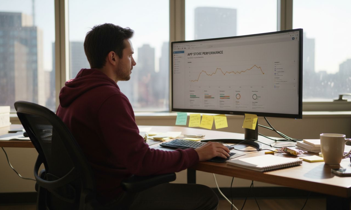 App developer studying app store metrics