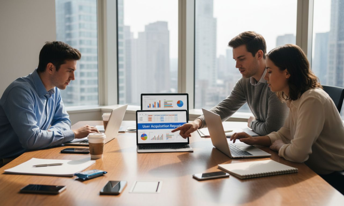 Analysts collaborating over mobile game data reports