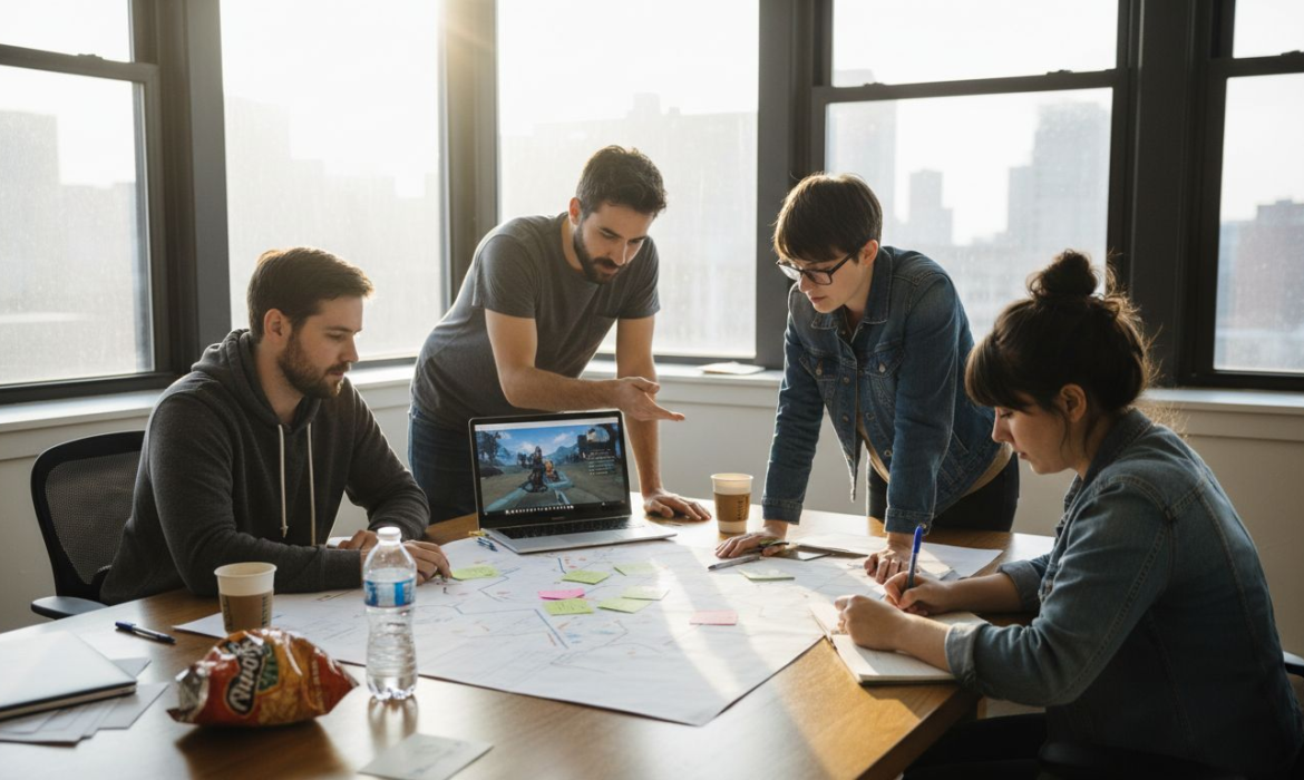 Game studio team meeting for soft launch