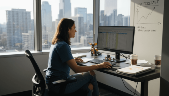 Game manager reviews LTV strategy spreadsheet