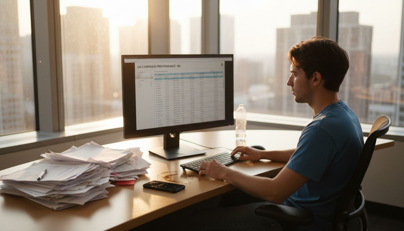 Analyst reviewing UA campaign metrics