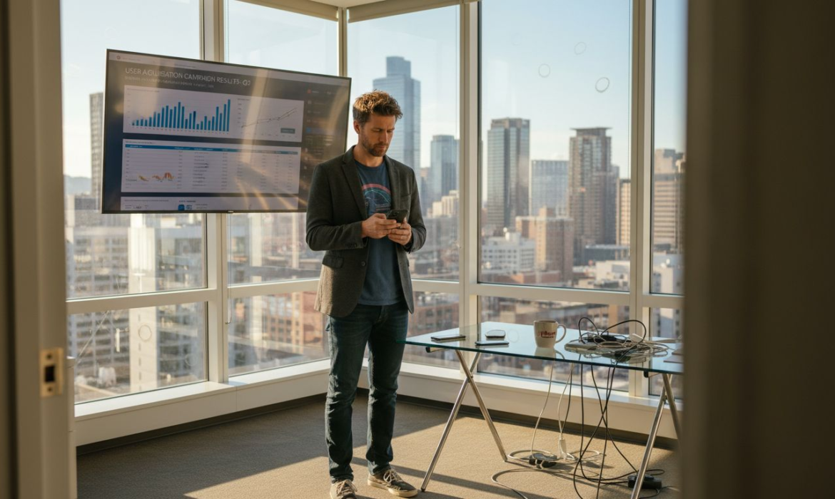 Marketing manager reviews user acquisition data