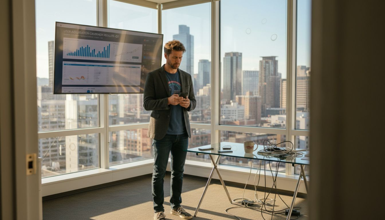 Marketing manager reviews user acquisition data