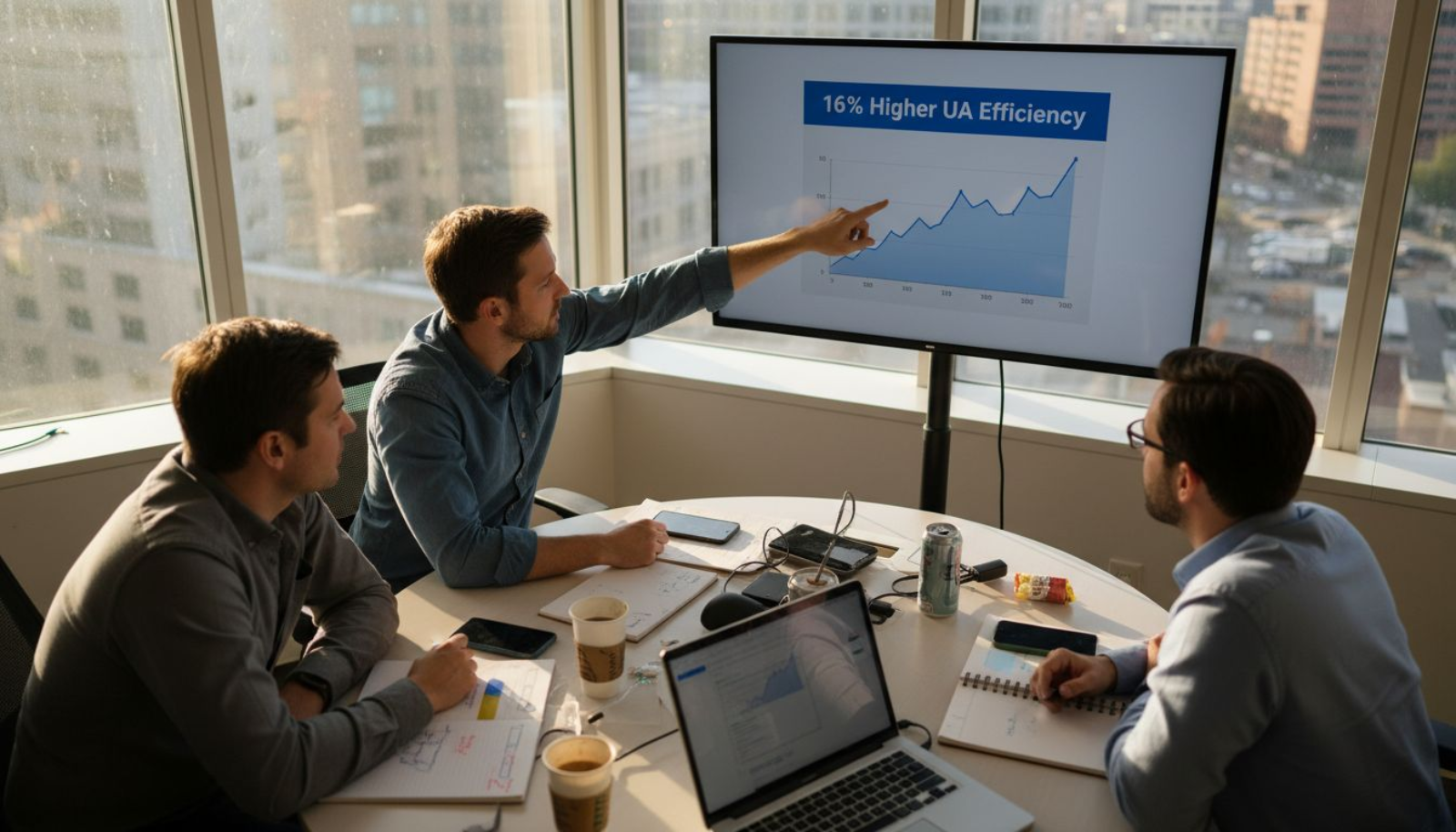 Team in office reviewing UA chart