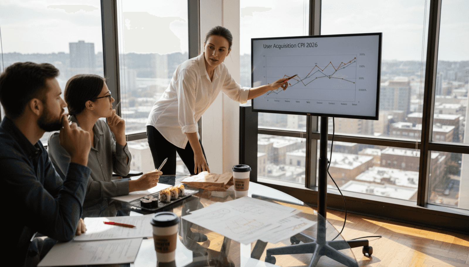 Team discussing user acquisition strategy charts