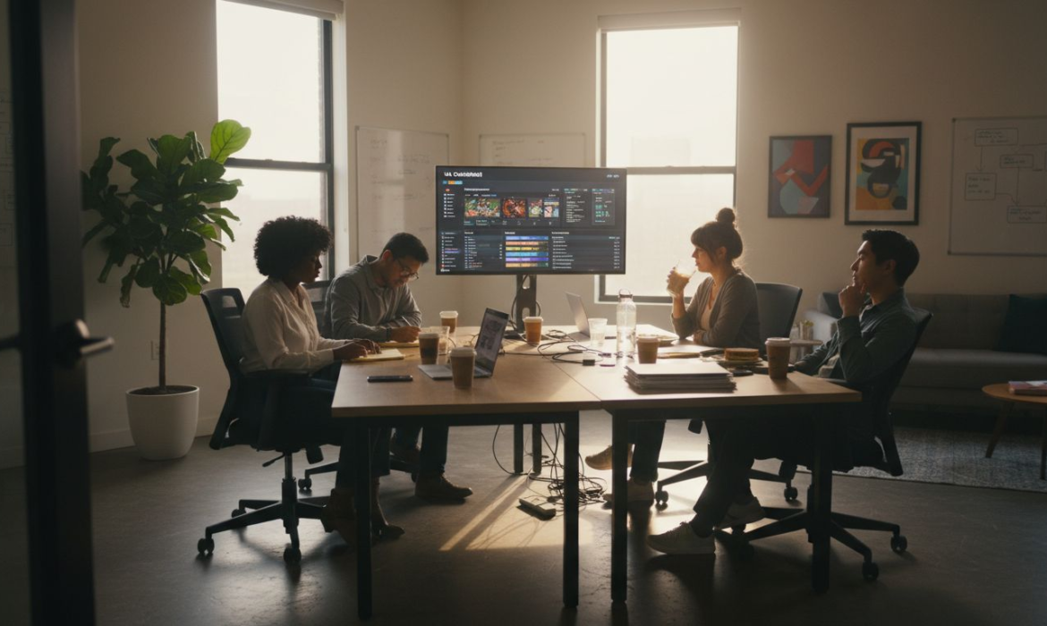 Game marketing team working in corner office