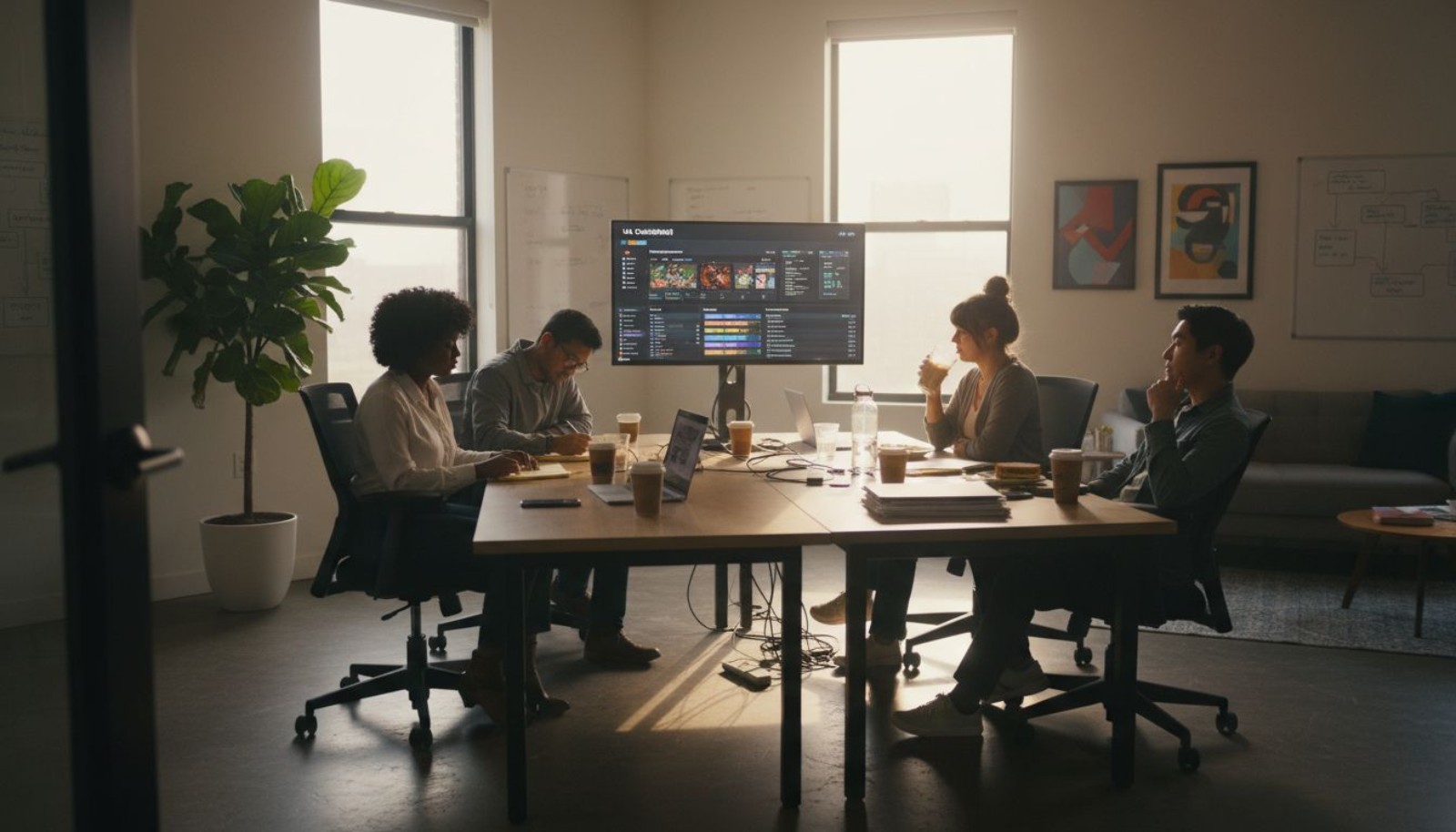 Game marketing team working in corner office