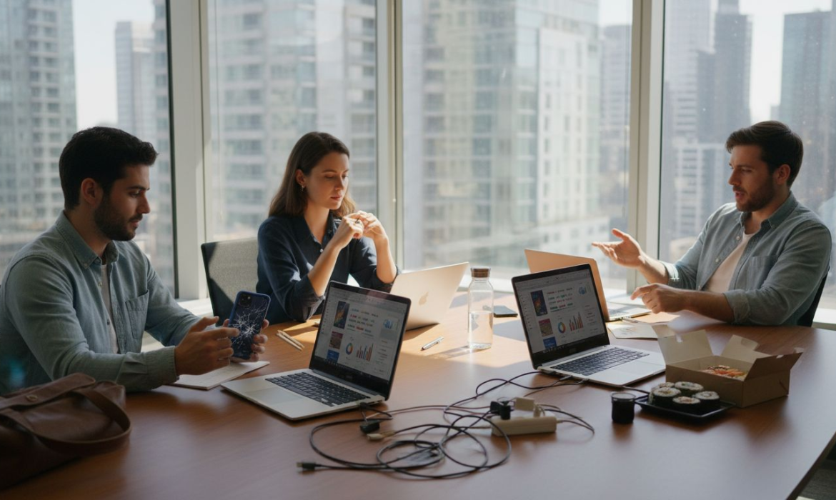 Mobile game team analyzing user analytics